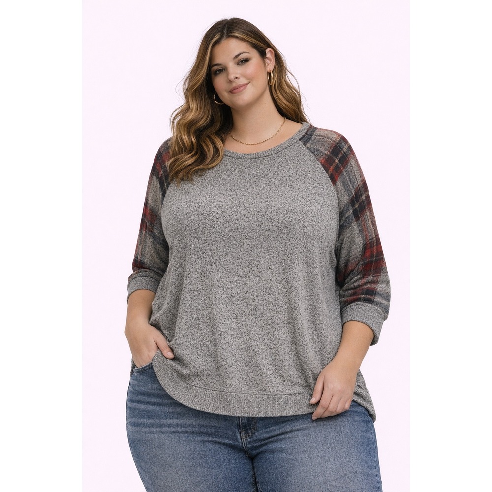Maurices Knit Top Women 2X Grey Plaid Raglan Sleeve Scoop Neck Casual Pullover